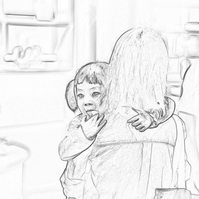 A little girl is sitting on her mother's lap, holding the woman by his hair and pulling it with both hands. The background features an office setting, featuring simple pencil drawings in black and white style, with highdefinition details. It was drawn using a drawing pen, presenting the entire scene in ultrahigh definition.