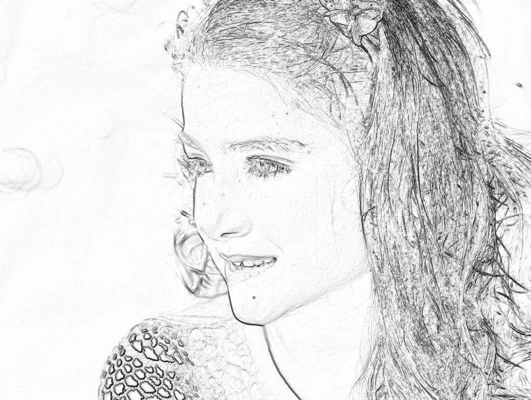 black and white pencil sketch of a young woman smiling, her long hair in a ponytail with floral barrettes on the side, wearing a sweater vest, in the coloring book page style, with no shading and a white background.