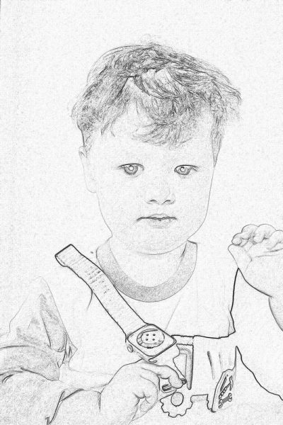 A simple sketch of an adorable little boy with short hair, holding his favorite toy and pointing at it in the style of cartoon drawing. The background is white, emphasizing only the main subject. He has bright eyes that sparkle with curiosity and expression. A black line drawn watch on his wrist adds to his charming character. The focus is on the face against a white background in a simple pencil drawing style.