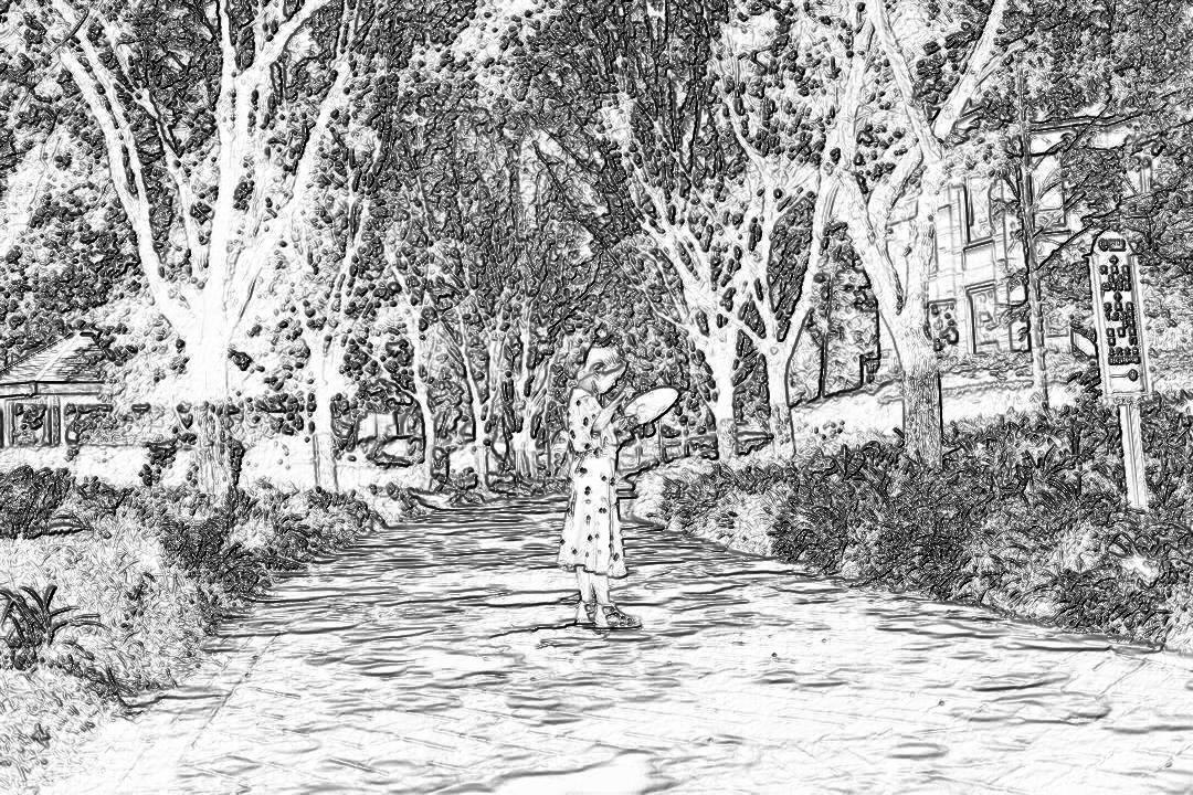 black and white storyboard sketch of a woman in a dress standing on the sidewalk along a street lined with trees, a small park behind her, wide shot, full body, summer day, white background, high contrast.