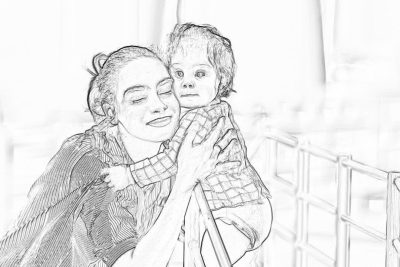 black and white storyboard sketch of woman holding her toddler up to the camera, they both have happy expressions on their faces