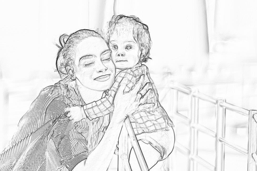 black and white storyboard sketch of woman holding her toddler up to the camera, they both have happy expressions on their faces