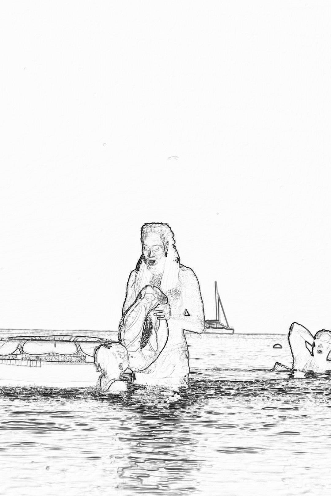 A simple black and white line drawing of an old man with long hair, beard and mustache sitting on the edge of shallow water holding his baby son who is standing up playing with rocks in the style of some canoes at the beach. The background should be clean and plain. It is just slightly visible due to perspective. There seems to have been another boat or ship behind them but it was not seen clearly. No details such as shading or color were used for the coloring book style drawing.