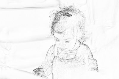 A simple sketch of an adorable toddler girl playing with her toy, capturing the innocence and joy in her expression. The drawing is done using pencil on paper, creating soft lines that highlight the details while maintaining a sense of simplicity. It's a charming depiction of childhood at its most innocent and endearing. The drawing is done in the style of a photograph captured with a high-resolution 20 megapixel Nikon D850 camera.