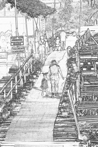 Black and white line drawing of the daughter holding her father's hand, while walking on wooden bridges leading to their beachfront house in Thailand. The scene includes people at work, wearing light-colored , set against an outdoor backdrop with lush greenery and water features. Details like signboards for various shops are included along the wooden stairs leading up from different parts of the bridge towards the villa. There is also another pier leading out onto the sea waters, and there should be some rocks around it too, in the style of various artists.