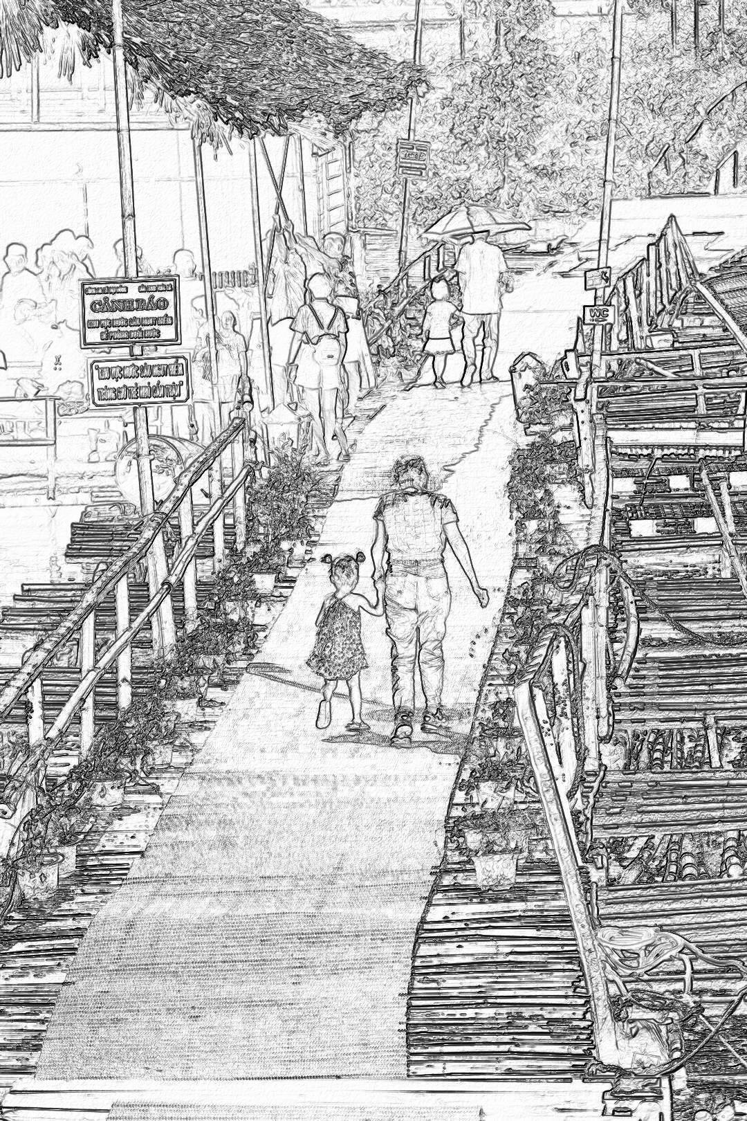 Black and white line drawing of the daughter holding her father’s hand, while walking on wooden bridges leading to their beachfront house in Thailand. The scene includes people at work, wearing light-colored , set against an outdoor backdrop with lush greenery and water features. Details like signboards for various shops are included along the wooden stairs leading up from different parts of the bridge towards the villa. There is also another pier leading out onto the sea waters, and there should be some rocks around it too, in the style of various artists.