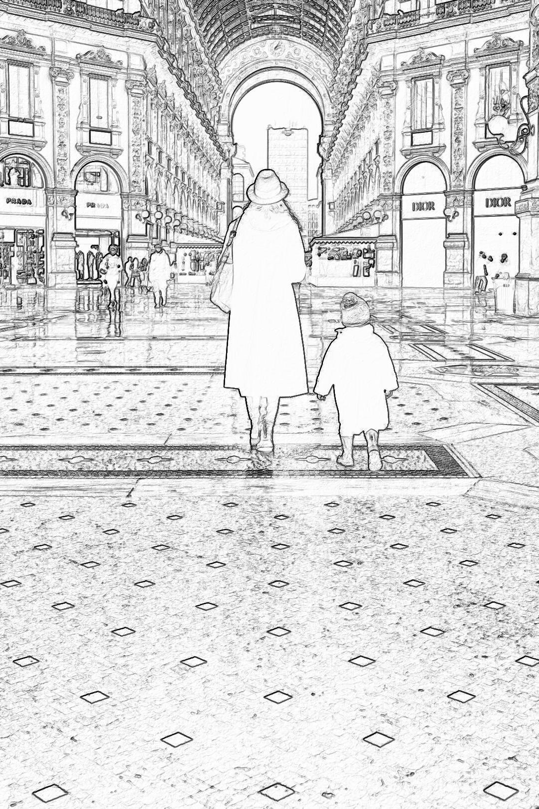 black and white line drawing of the back view, woman in long coat holding hands with her child walking through Vittorio Emancken II mall in Milan Italy