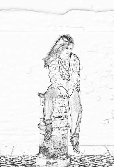 coloring page, simple drawing of a sad young woman sitting on top of a water hydrant in the street, full body, low detail, no shading, black and white, thick lines. The drawing is in the style of a basic line art image without shading intended for coloring.