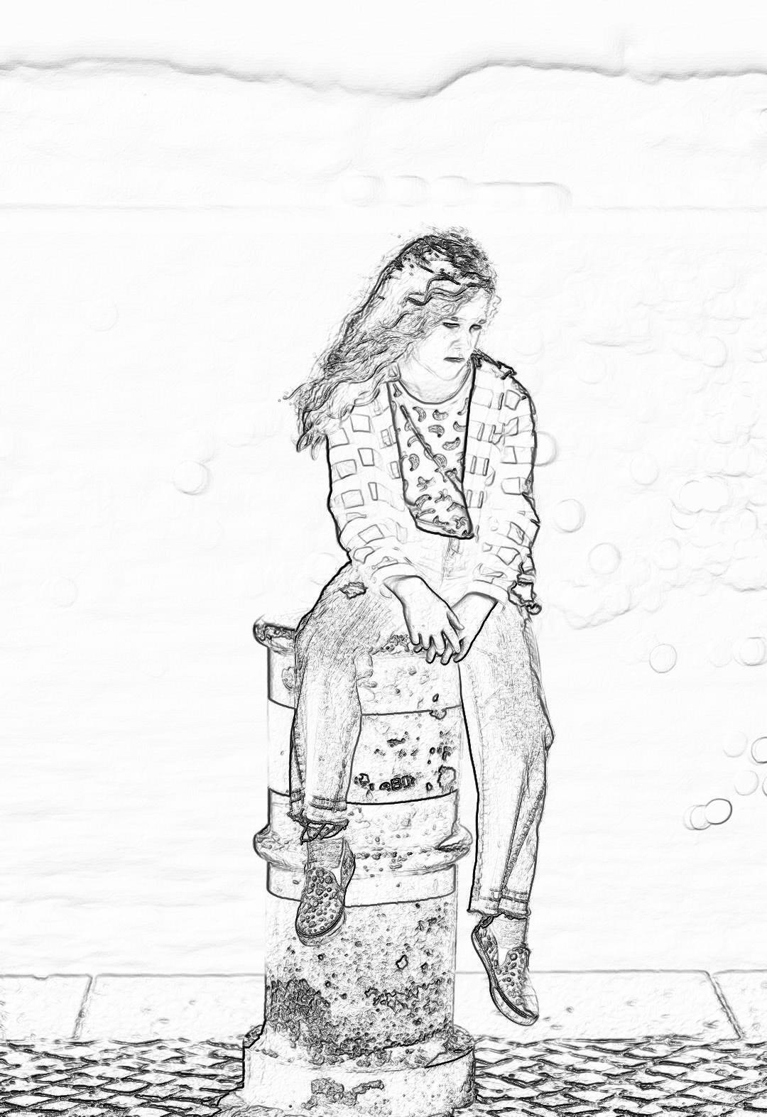 coloring page, simple drawing of a sad young woman sitting on top of a water hydrant in the street, full body, low detail, no shading, black and white, thick lines. The drawing is in the style of a basic line art image without shading intended for coloring.