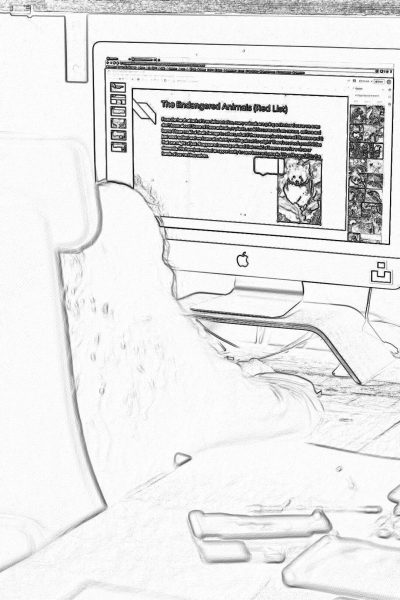 a black and white line art drawing of an iMac on the computer screen is showing in high definition a news story about "The EndVS/ red list" animals . A large shot view shows a man sleeping under his desk, covered with paper work papers. The room has messy crumpled used to be office materials all over it.