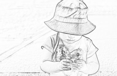 A cute little boy wearing a sun hat is playing with sand, drawing style. The background color of the beach road has clear lines and simple black and white lines. He holds some small shells in his hands and plays happily on it. A pencil sketching effect was used to draw details and textures. High resolution.,in