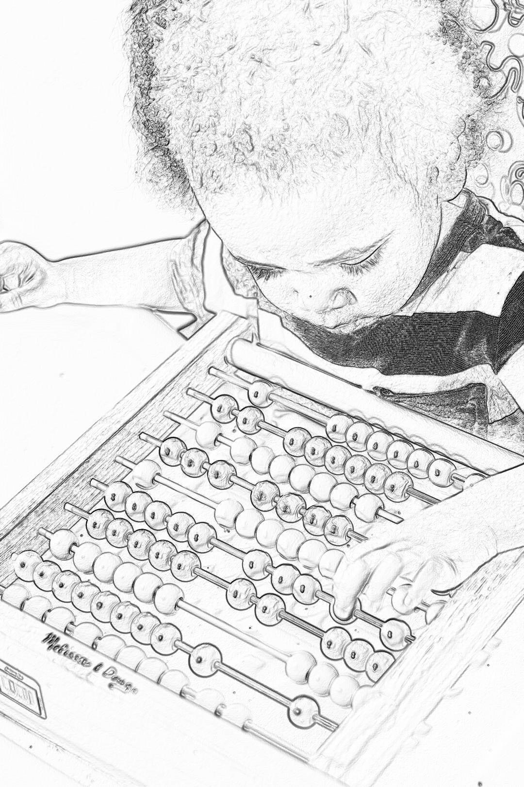 Black and white coloring page of an African American toddler using an abacus to calculate, in a simple line art style with no shading or grayscale and clear lines for easy coloring. It is a closeup view focusing on his hands holding the toy, engraved in black ink with no text. in the style of Wona Lifsches.