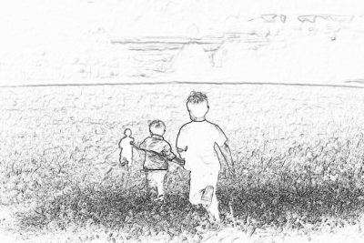 black and white pencil drawing, two boys playing in the field with their backs to us, one boy is holding the hand of the other boy, distant view, flat perspective, sketching style in the style of sketching.