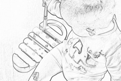 A baby with an ear interface that shows music in the style of pencil sketch, playing a xylophone. The drawing is simple yet detailed, focusing on closeups to capture details like skin texture or reflections from light, with soft shading for depth. It's suitable as a coloring page, with bold lines and minimalistic elements.