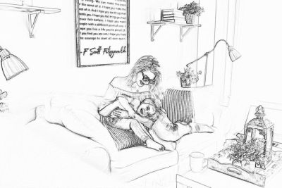 A black and white pencil drawing of an adult woman sitting on the couch, holding her toddler in one arm while she reads to him from his book "F scott Fitzgerald". The living room is decorated with modern decor and plants, there are coffee mugs and flowers around, it feels cozy but also very stylish. A large framed poster hangs above them that says 'Be bold; you know I think all people have courage if they will take a refreshing walk'.