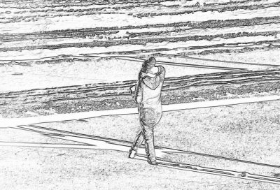 Black and white storyboard line rough sketch, simple pencil drawing of A woman is walking on the beach holding her baby in one arm while she takes pictures with an iPhone in front view.