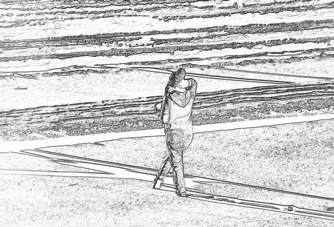 Black and white storyboard line rough sketch, simple pencil drawing of A woman is walking on the beach holding her baby in one arm while she takes pictures with an iPhone in front view.