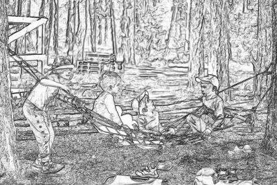 a black and white line art drawing of three young boys playing with their dog in the woods at summer camp, sitting on log using fishing nets as slingshots to shoot small stones towards trees, some wooden seating around them, tents in background, campfire in front of one boy, some shoes lying next to him, children's book illustration style, simple lines, low detail, no shading, high contrast, white paper background