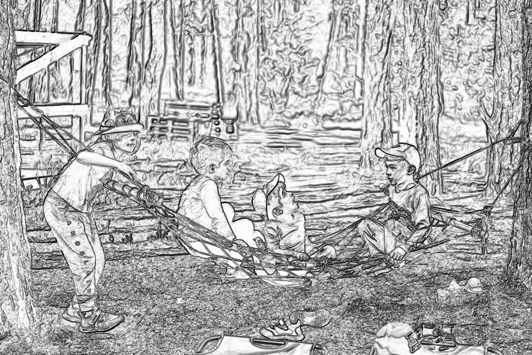 a black and white line art drawing of three young boys playing with their dog in the woods at summer camp, sitting on log using fishing nets as slingshots to shoot small stones towards trees, some wooden seating around them, tents in background, campfire in front of one boy, some shoes lying next to him, children’s book illustration style, simple lines, low detail, no shading, high contrast, white paper background