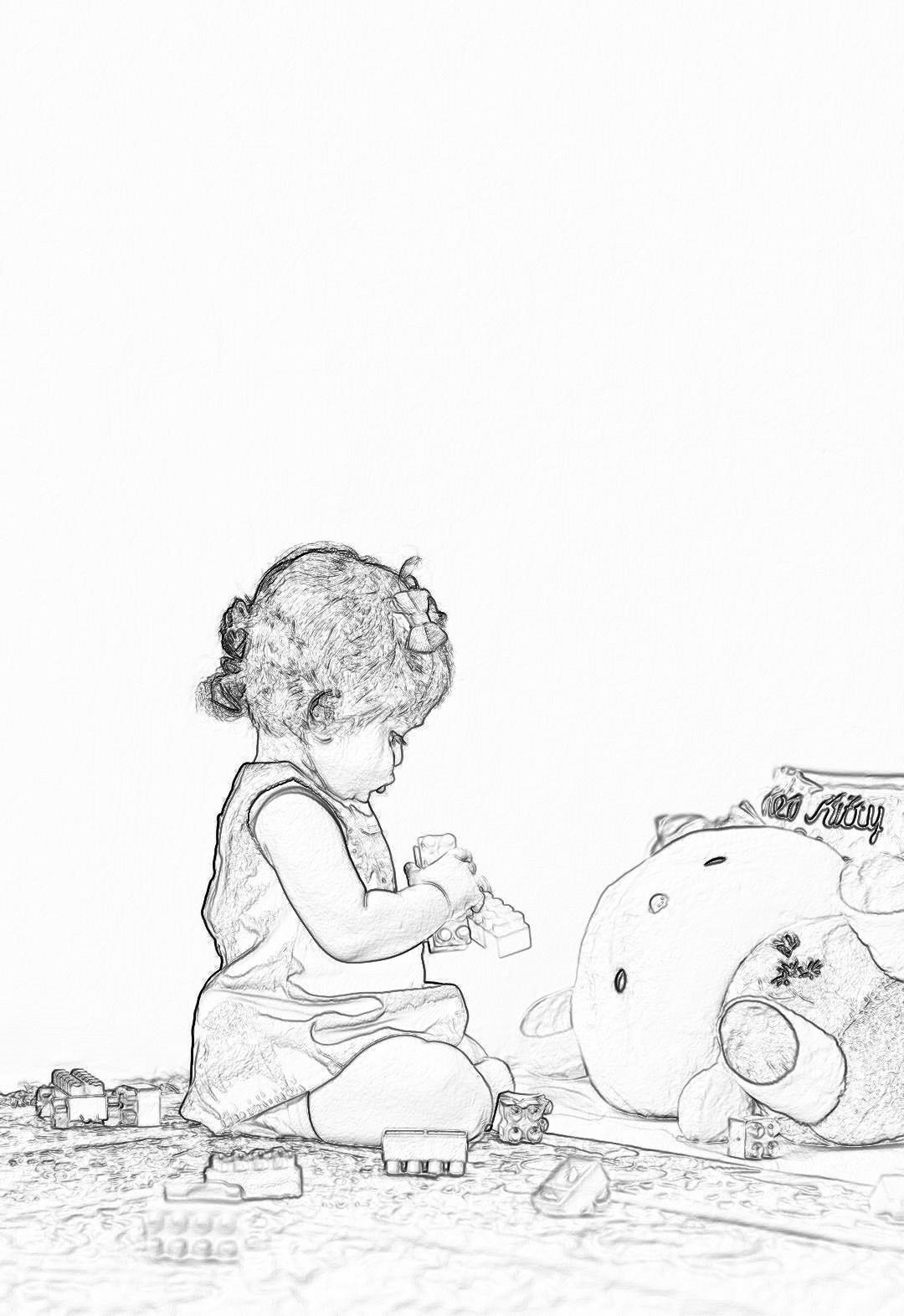 A cute little girl is playing with her toys, while sitting on the ground next to an oversized piggy bank. She has short curly hair and wears white shorts and top. The background shows scattered toys around it, such as blocks, stuffed animals, etc., all in a black pencil drawing style. Black lines only, no grayscale or color, white background. A simple yet charming depiction of childhood joy and imagination. in the style of minimalism.