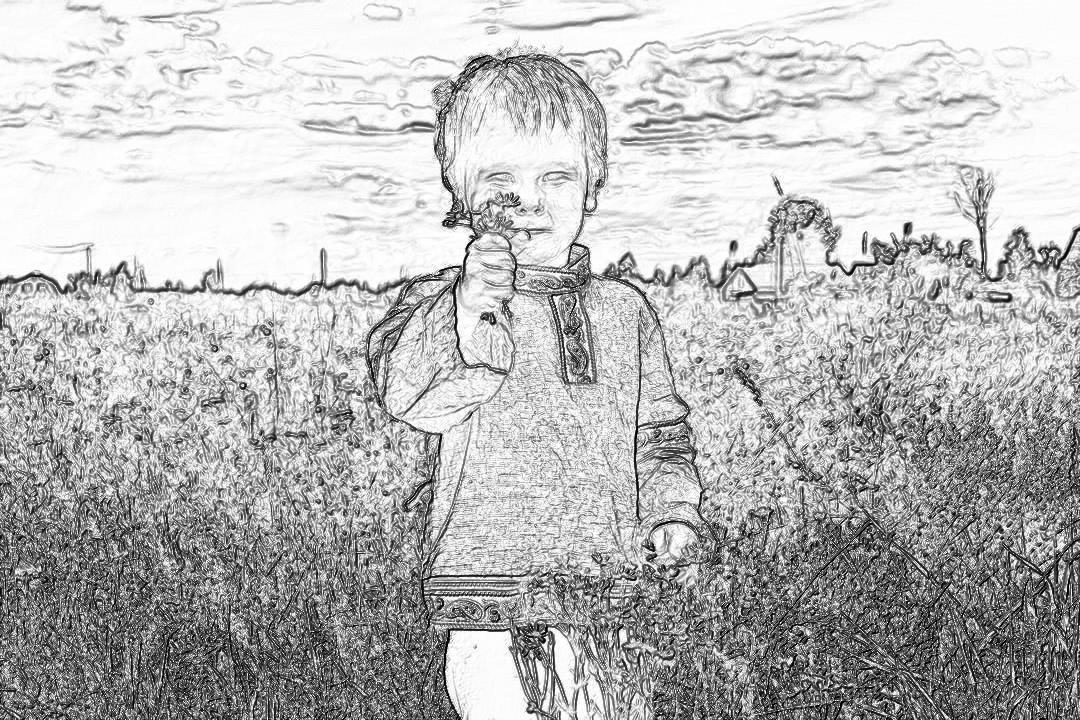 Black and white line drawing, full body portrait of a five-year-old boy standing in the middle distance with his hand holding flowers to cover his mouth and nose, wearing autumn , background is large fields, small villages far away, clouds floating high above, in the style of sketching with simple lines, high contrast, delicate texture.