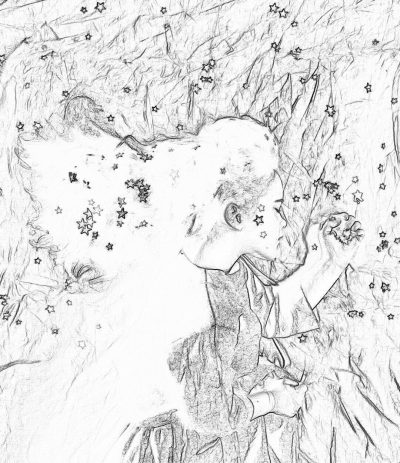 A simple sketch of an adult male with a bald head, looking up at the sky full of stars. He is surrounded by magical and celestial elements like floating flowers or shooting star dust. The background features a soft focus on nature's beauty such as trees, grasses, and wildflowers. This scene creates a dreamy atmosphere that makes it suitable for a coloring book page. The style of the sketch is reminiscent of works in the style of impressionist painters.