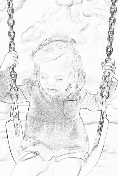 A cute little girl is sitting on the swing, smiling happily with her eyes closed and hands hanging down. The background features white clouds in the sky and a playground. The drawing style is simple lines and a clear outline with minimal details, shown in monochrome without shadows. It is a high resolution, high quality cartoon illustration drawn in the style of pencil drawing with fine details and definition, creating a masterpiece.