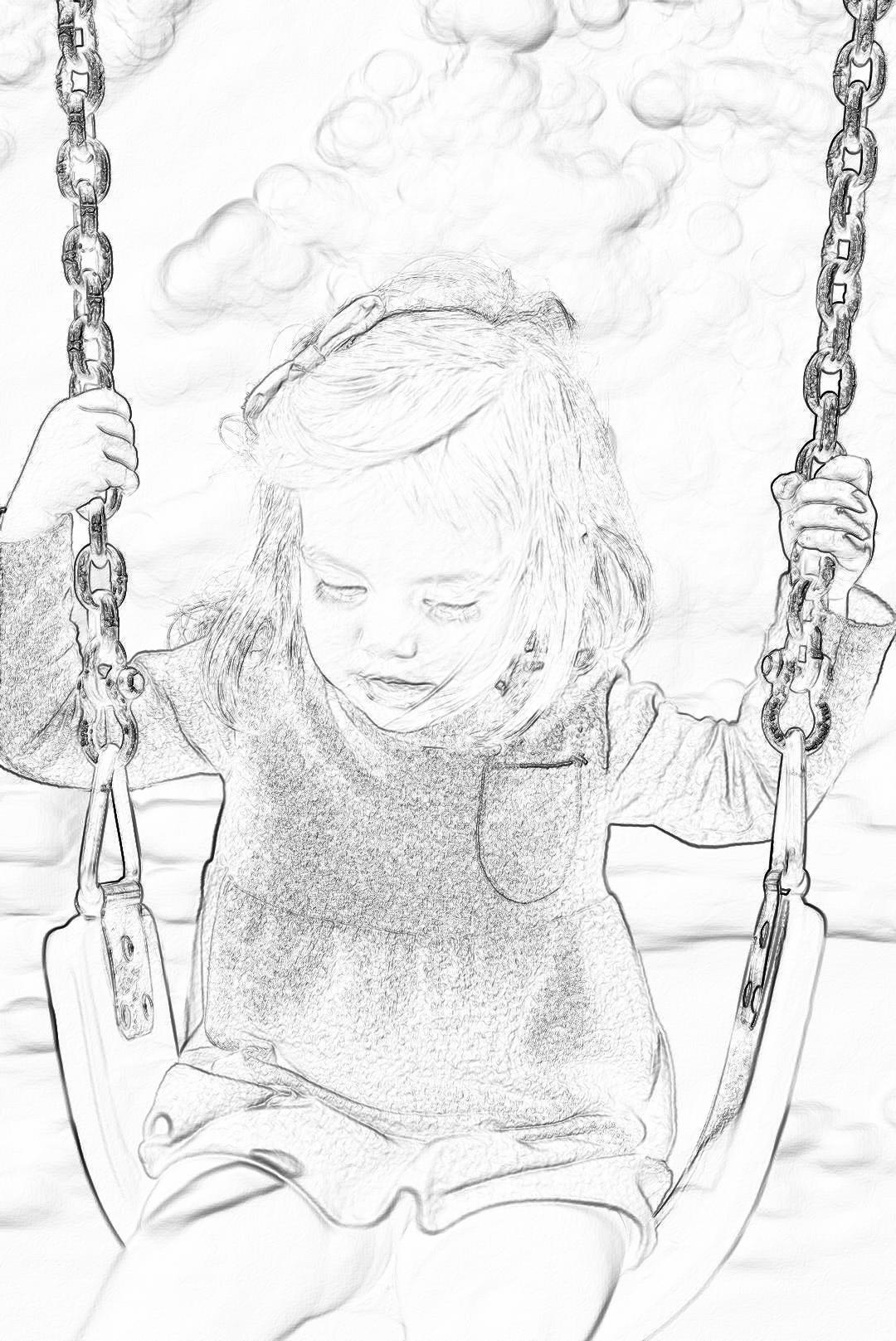 A cute little girl is sitting on the swing, smiling happily with her eyes closed and hands hanging down. The background features white clouds in the sky and a playground. The drawing style is simple lines and a clear outline with minimal details, shown in monochrome without shadows. It is a high resolution, high quality cartoon illustration drawn in the style of pencil drawing with fine details and definition, creating a masterpiece.