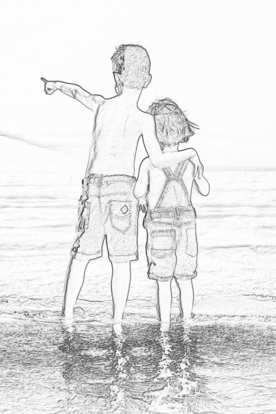 black and white pencil drawing, coloring page of two boys standing on the beach at summer in their overalls pointing to something far away with one arm around each other's shoulder, low angle shot from behind them looking out into water, white background,