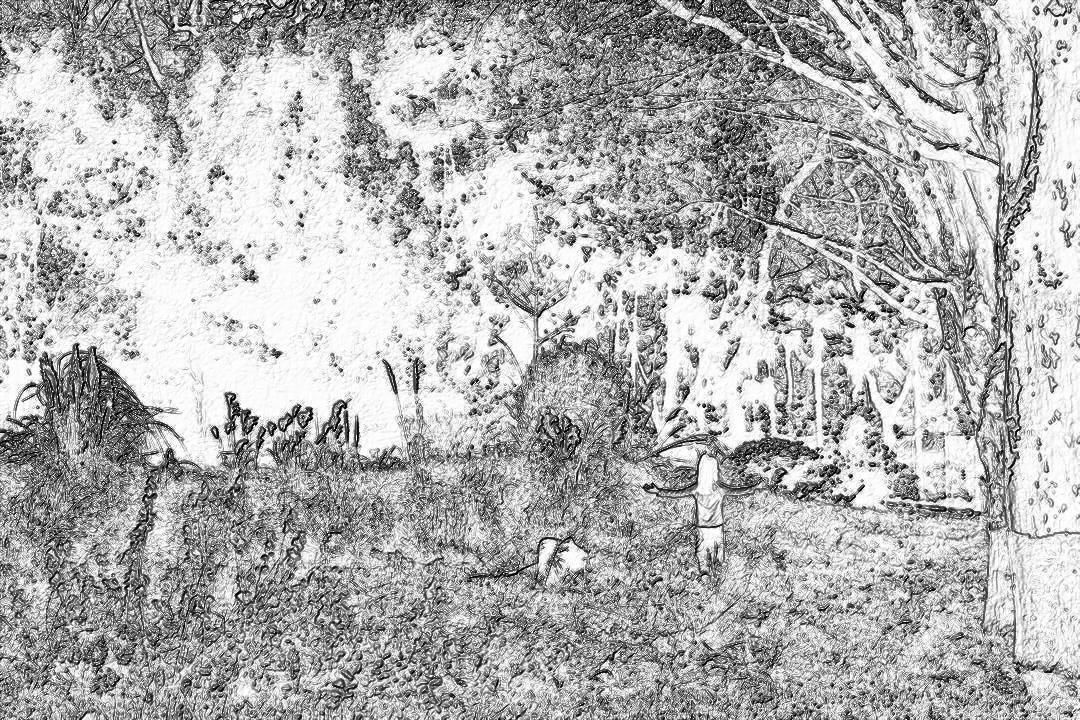 a rough pencil sketch of an old forest with children playing in the background, on white paper, high contrast, monochrome, black and grey ink drawing, hatching, low detail, no shading,