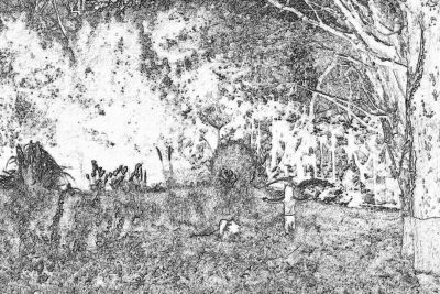 A pencil drawing of an abandoned garden with people playing in the background, black and white, high contrast, vintage, white background, low detail, sketch style, low resolution, in the style of storyboard, watercolor, very detailed, high key lighting, sepia tone, b&w, sketch art, in the style of storyboard.