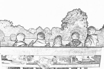 Black and white line drawing of children sitting on the bench, watching over their shoulders at trees in an English park, simple sketch style, simple lines, high resolution, white background. The children's faces were visible from behind as they looked out into nature. A few boys sat together with two girls sitting next to them. There was another boy sitting alone by himself near me .in front of him lay some books and paintings. He is reading intently, with his hands crossed on top of each other.