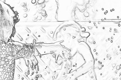 close up of woman being swears in the bathtub, pencil sketch style drawing, full body scene with bubbles and water droplets, coloring page for adults, thick lines, low detail, black ink on white paper, no shading, low angle shot, zoomed out, wide view