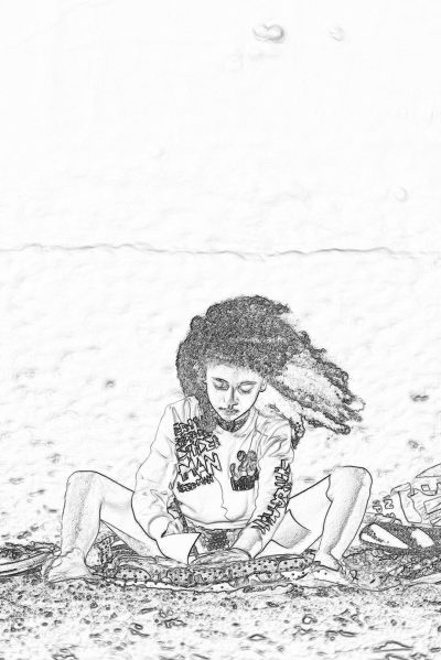 A girl with long curly hair playing on the beach, wearing Hawaiian and making jewelry made of shells. She is sitting crosslegged in sand. The background shows calm sea waves and sandy shore. Black pencil drawing, white paper, rich details.