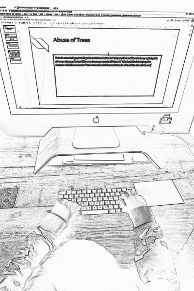 a black and white coloring book page of someone typing on an iMac with the web site "Start aleATHERsWins" showing in their terminal, there is also some digital art of tree branches on top left corner, and more digital art at bottom right corner, no shading, simple line drawing