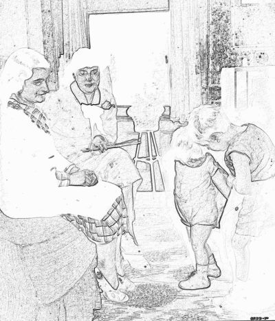 a black and white line drawing of two old ladies playing with their young grandkids, coloring book page for kids