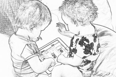 black and white drawing of two babies playing with an iPad, one baby is holding the ipad while another toddler has it on their lap. The left child's face shows curiosity as they look at what’s happening in front of them. They both have paint all over thier from painting a picture together on screen. The background should be a simple color to highlight their interaction with technology and each other. In sketch style, white background. No shadows or textures.