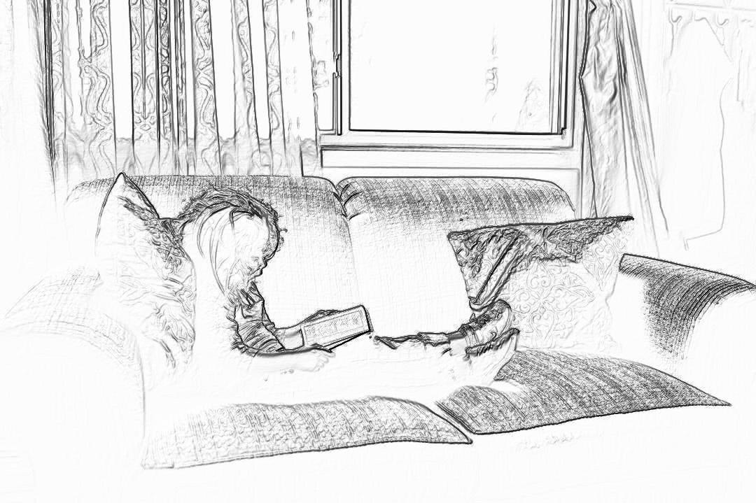 A simple pencil sketch of an open book lying on a sofa, surrounded by pillows and curtains. The focus is on capturing details like pages turning and shadow play around it, creating a cozy reading nook in black and white. Drawn in the style of delicate line art, emphasizing soft shading for depth and warmth. High resolution, suitable as clipart or for digital print.