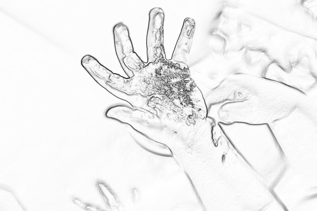 white background, hand with dirt on it, black and white sketch in the style of high contrast, hyper realistic wide angle photo