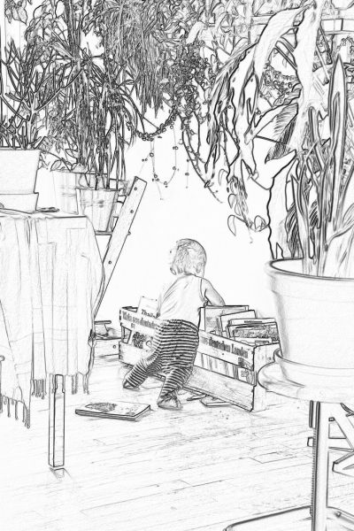 A child playing in an indoor garden, surrounded by plants and wooden boxes filled with books, in the style of a pencil sketch with simple lines and low detail, in monochrome colors, like a children's book illustration.