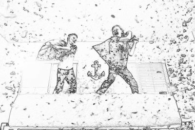 a black and white line art illustration of two men having an epic pillow fight on the roof with pillows made from military fatigues, one man is holding an anchor tattooed to his chest while he laughing hard as they fall off the edge into snowflakes that cover them both, low angle shot from below looking up at their bodies, drawn in Procreate, high contrast, bold lines, flat colors, graphic design, vector art, high detail, ultra realistic, simple, minimalist, vector style, simple background, white color backdrop