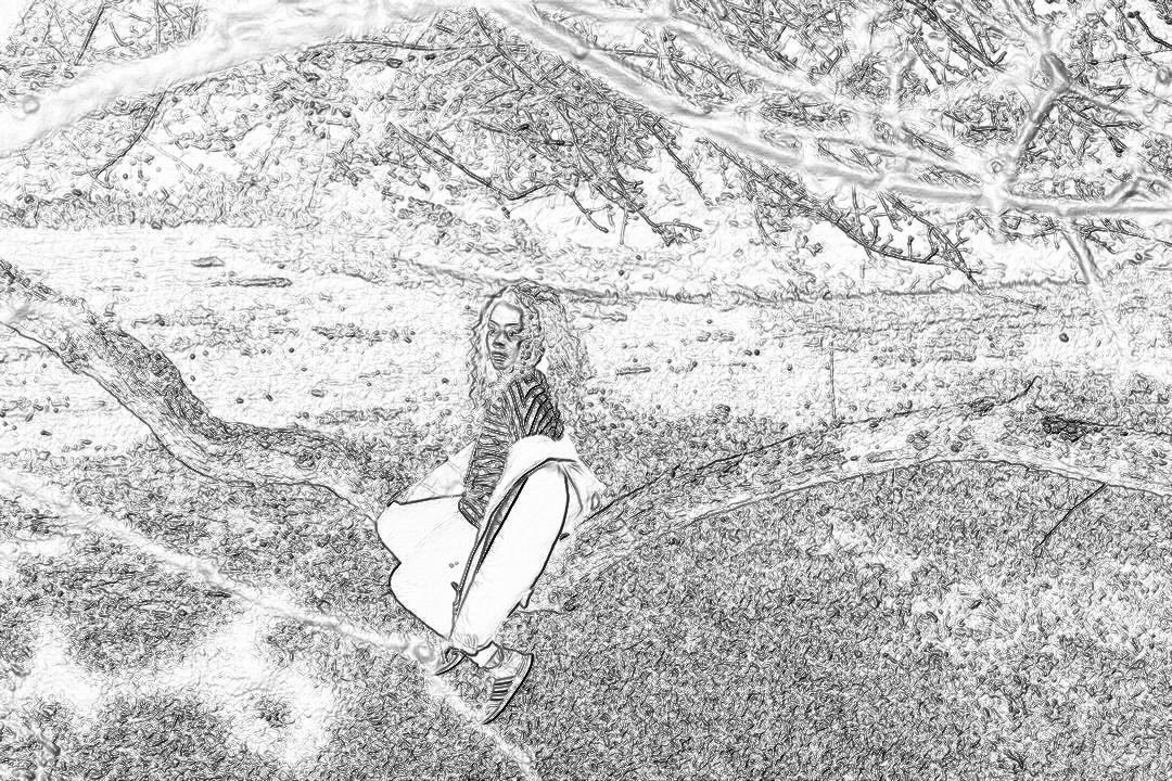 black and white storyboard line rough sketch, simple drawing of top view from above , full body shot of happy girl wearing long skirt sitting on the ground looking at camera in vast valley background