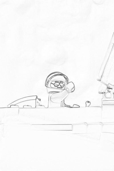 A simple pencil drawing of an animated cartoon character sitting at the helm on white paper, with minimalistic, simple lines and a thick black ink outline forming simple shapes and details. The flat design has no shading, low detail and bold lines on a white background with a white wall in front of him and water behind it, in the style of a minimalistic cartoon.