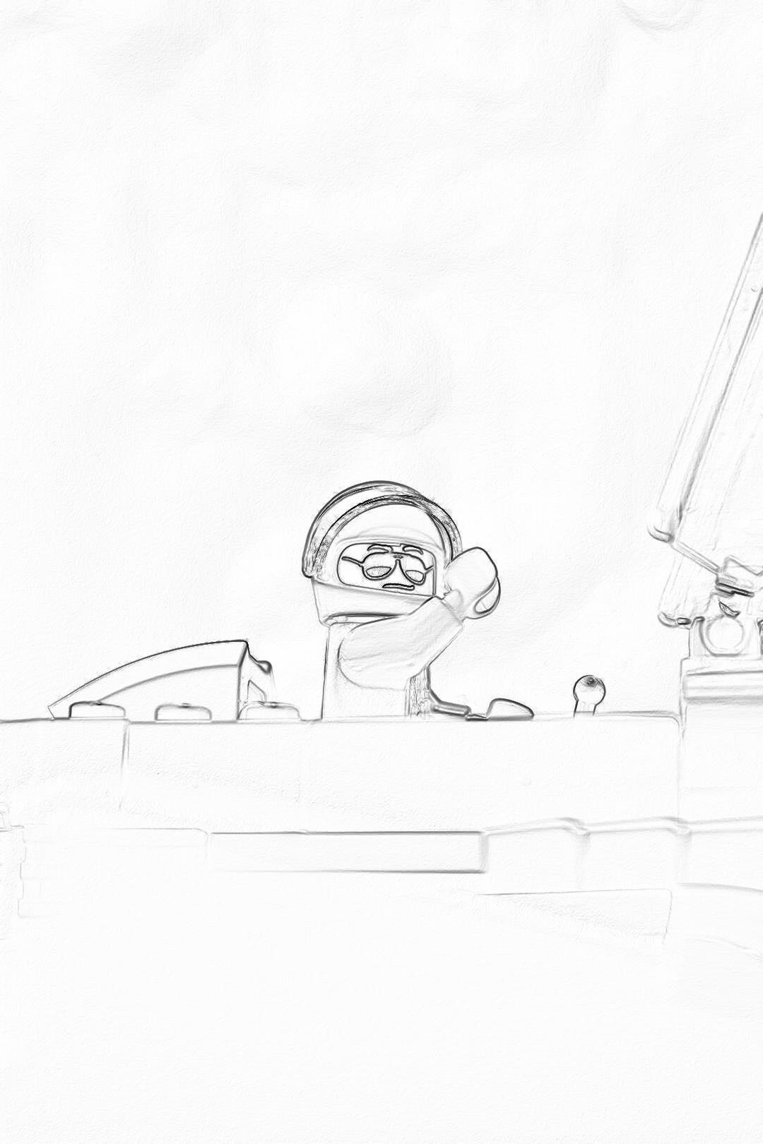 A simple pencil drawing of an animated cartoon character sitting at the helm on white paper, with minimalistic, simple lines and a thick black ink outline forming simple shapes and details. The flat design has no shading, low detail and bold lines on a white background with a white wall in front of him and water behind it, in the style of a minimalistic cartoon.