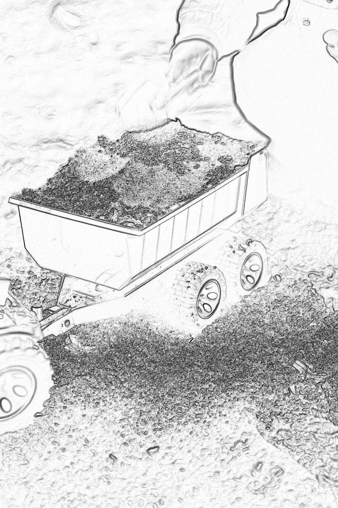 In the style of pencil sketch, a person is pouring soil from one metal wagon to another. The background shows empty flat ground with small rocks scattered around. In black and white, the drawing captures every detail in high resolution, creating an artistic and detailed masterpiece. In the style of [Michelangelo](https://goo.gl/search?artist%20Michelangelo) Buanarotti, the Ghibli studio.