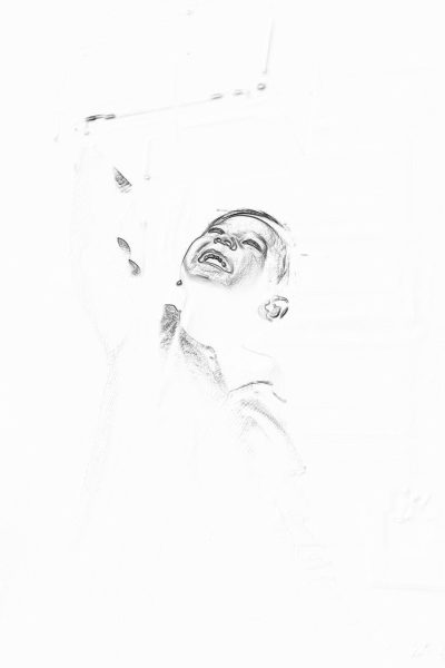 pencil drawing of an adult crying, white background, low angle shot from below, in the style of white space around the figure