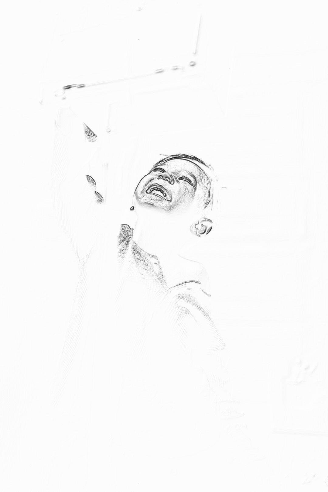 pencil drawing of an adult crying, white background, low angle shot from below, in the style of white space around the figure