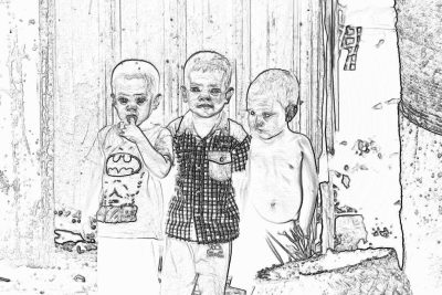 3 kids standing in front of their house, one is eating while the other two watch him with serious faces, in the style of a pencil sketch.