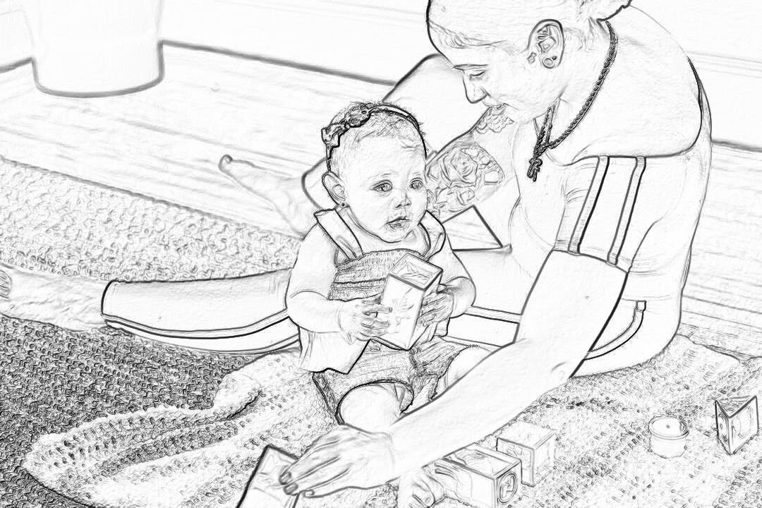 Black and white line drawing, simple sketch style, the mother is playing with her baby on carpeted floor in living room while sitting next to him holding some toys. The little boy has short hair wearing shorts. He sits upright in his high chair, happily laughing as he plays everywhere with various wooden blocks placed around them. High angle perspective shot from above, showing both mom’s hands and children’s bodies clearly. It was taken by Nikon camera.