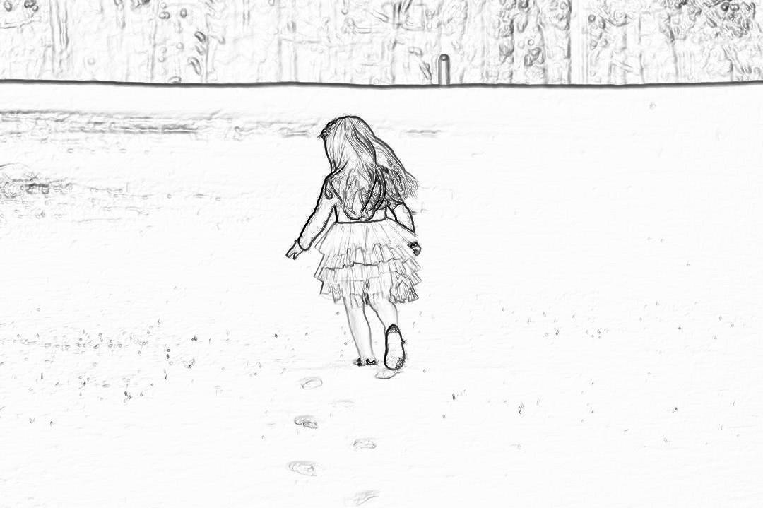 black and white line drawing of young girl playing in the park, full body view, long hair, skirt